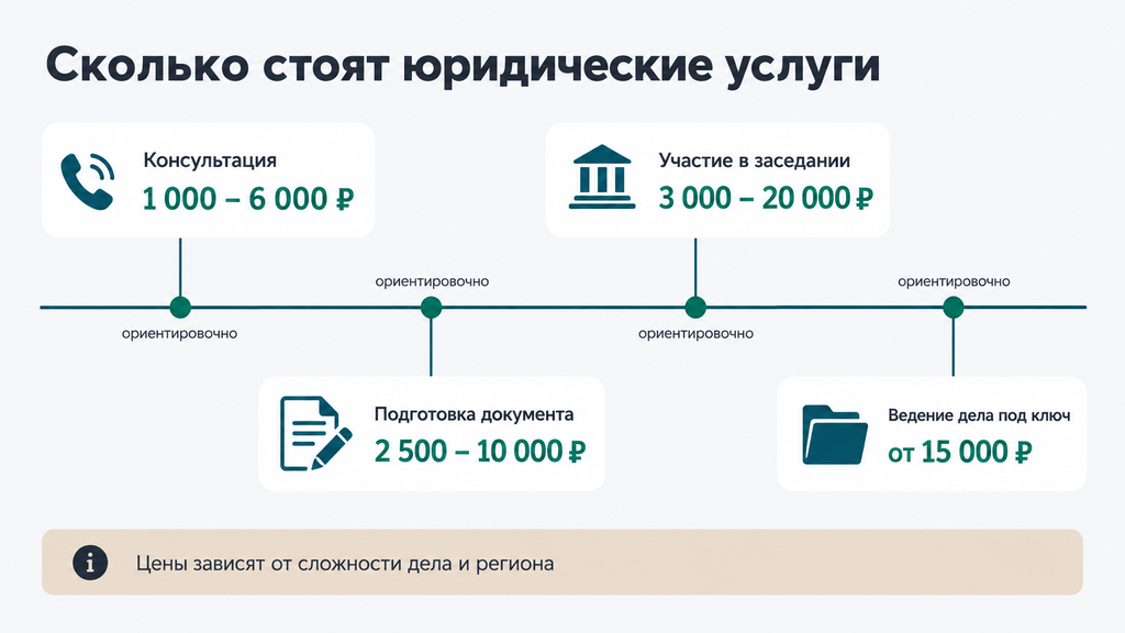 Шкала ориентировочной стоимости типовых юридических услуг: консультация, подготовка документа, участие в одном заседании, ведение дела под ключ. Цены зависят от сложности и региона, 2026 год.