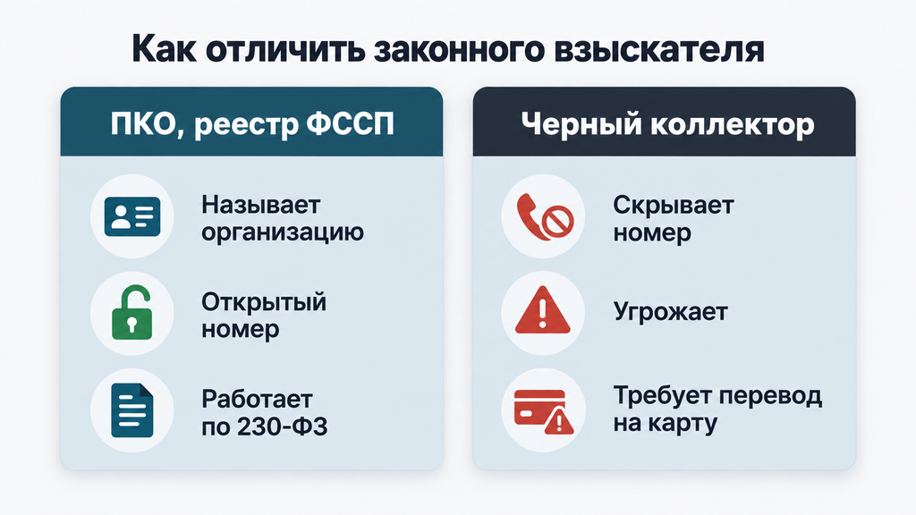 Сравнительная схема: как отличить законного взыскателя из реестра ФССП от нелегального черного коллектора по трём ключевым признакам.