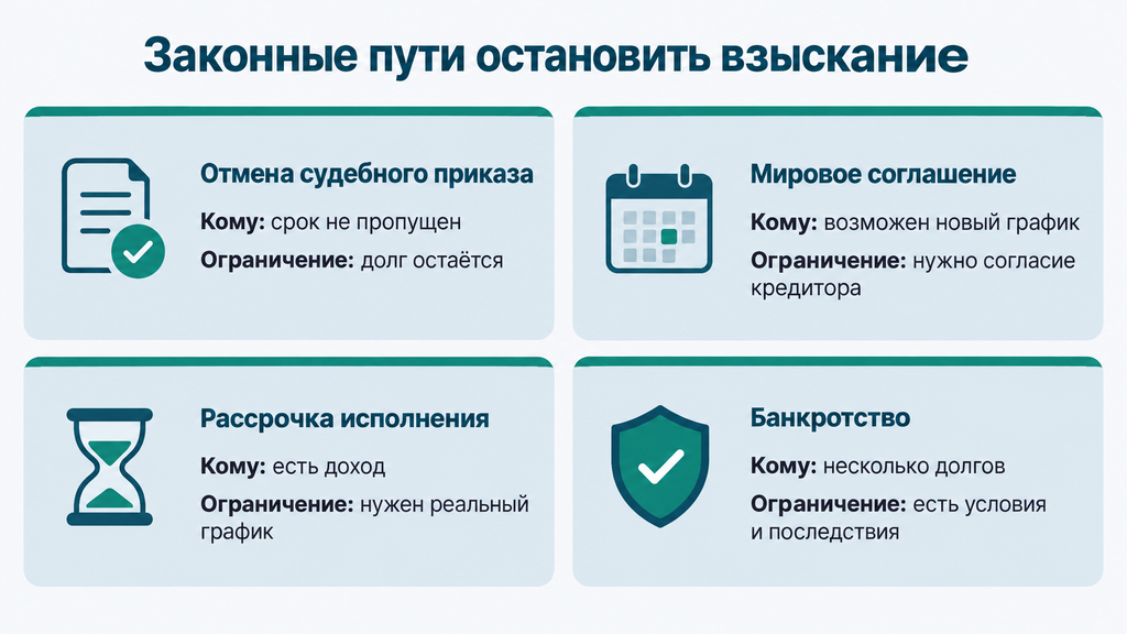 Сравнение законных способов остановить взыскание по кредиту: отмена судебного приказа, мировое соглашение, рассрочка исполнения, банкротство. Карточки с условиями и ограничениями