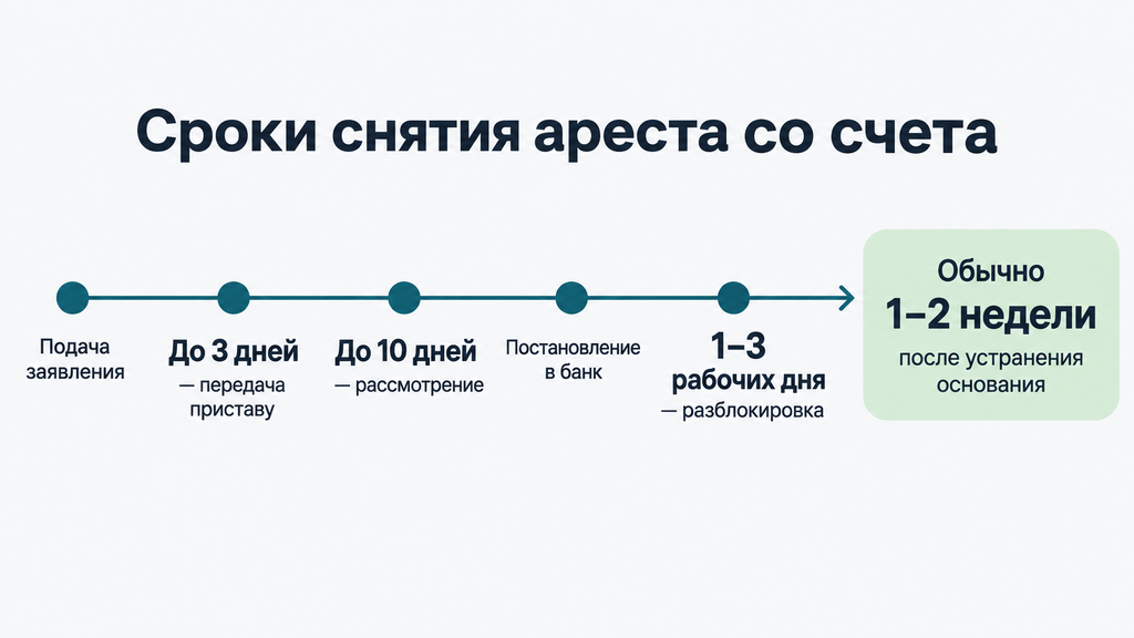 Схема сроков снятия ареста со счетов: поэтапная горизонтальная шкала от подачи заявления до разблокировки, итог 1–2 недели