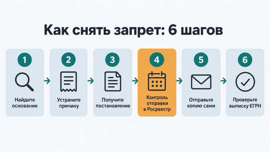 Инфографика: пошаговый маршрут снятия запрета на регистрационные действия от проверки основания до чистой выписки из ЕГРН