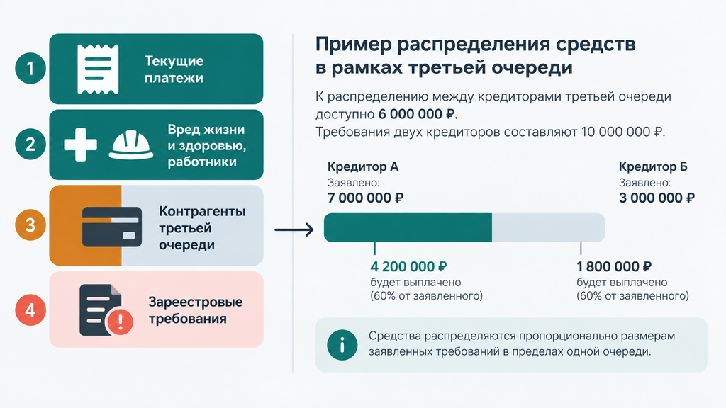 Схема очередности выплат кредиторам при банкротстве ООО: вертикальная шкала приоритетов от текущих платежей до зареестровых требований с цветовой маркировкой финансового риска