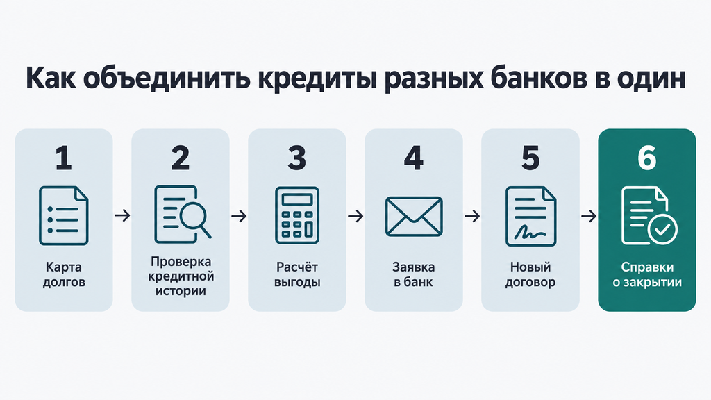 Пошаговая схема объединения кредитов разных банков в один платёж за шесть шагов