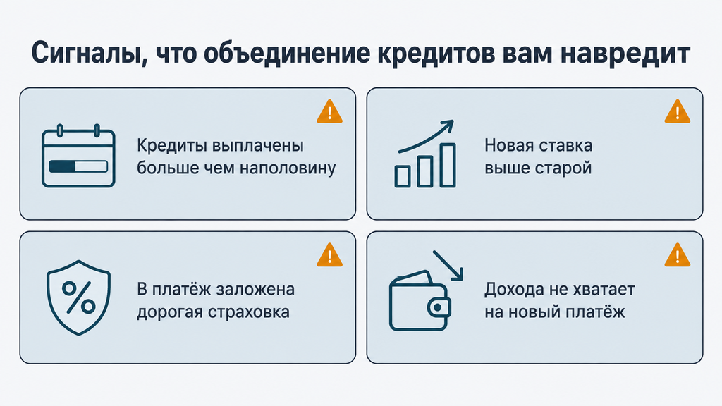Четыре предупреждающих признака объединения кредитов: выплата более половины, новая ставка выше старой, дорогая страховка, нехватка дохода на новый платеж