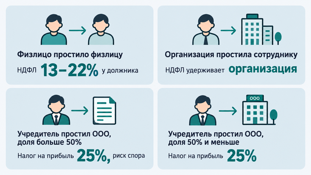 Налоговые последствия прощения займа в четырёх сценариях: кто признаёт доход и платит НДФЛ или налог на прибыль