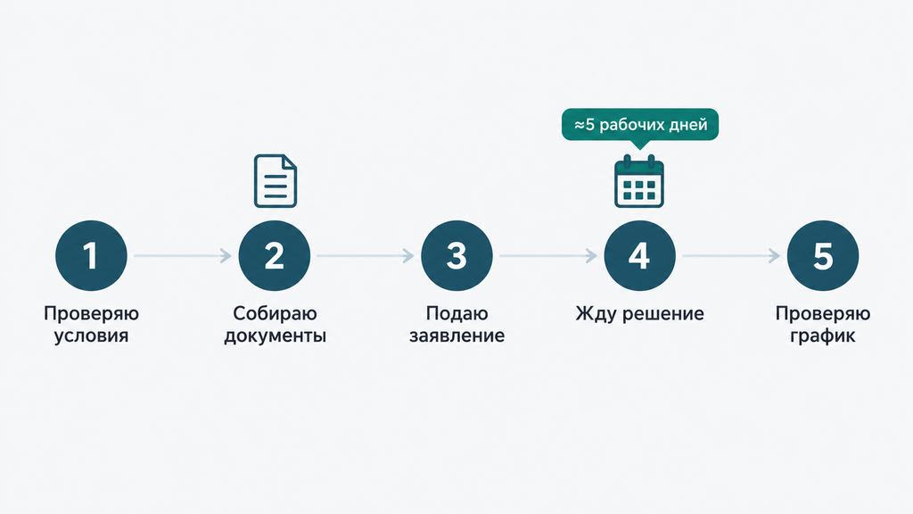 Горизонтальная схема пяти шагов оформления кредитных каникул для заёмщика: от проверки условий до изменения графика платежей со сроком ожидания около 5 рабочих дней.
