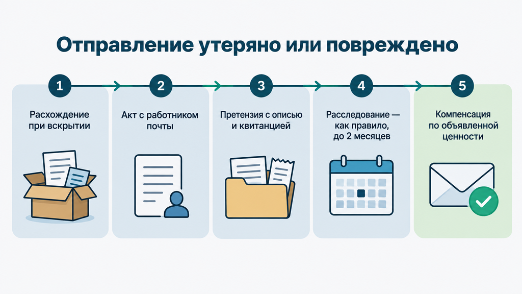 Таймлайн процедуры компенсации при утере или повреждении почтового отправления: 5 шагов от обнаружения расхождения до выплаты возмещения