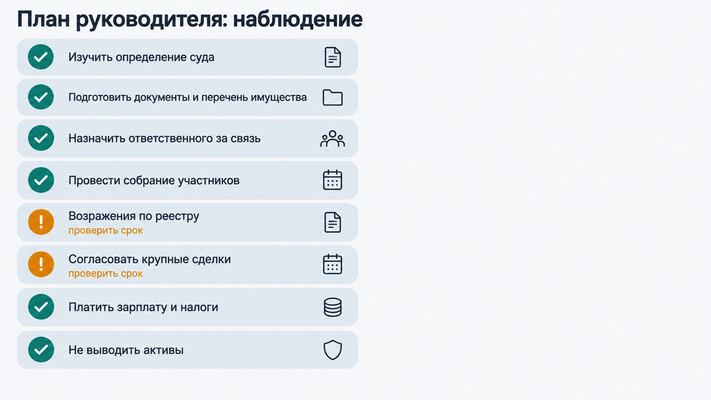 Вертикальный чек-лист руководителя должника на период наблюдения с 8 пунктами, статусами выполнения и иконками документов