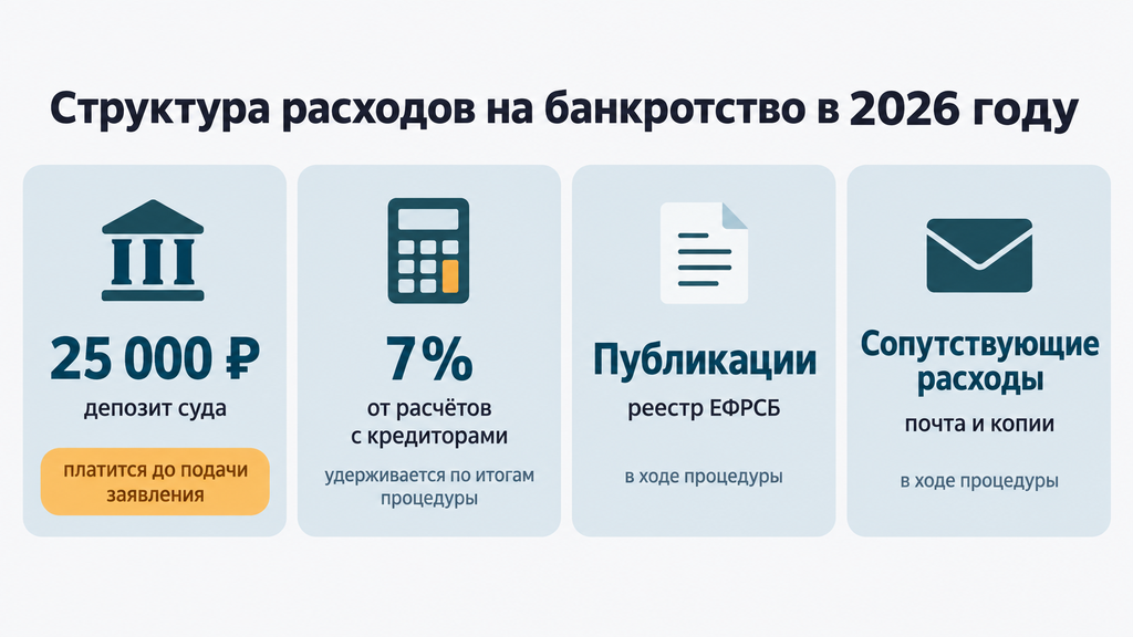 Разбивка обязательных расходов на судебное банкротство в 2026 году: депозит суда 25 000 рублей, выплаты кредиторам, публикации и сопутствующие платежи. Инфографика показывает структуру затрат для расчёта полной стоимости процедуры с финансовым управляющим.