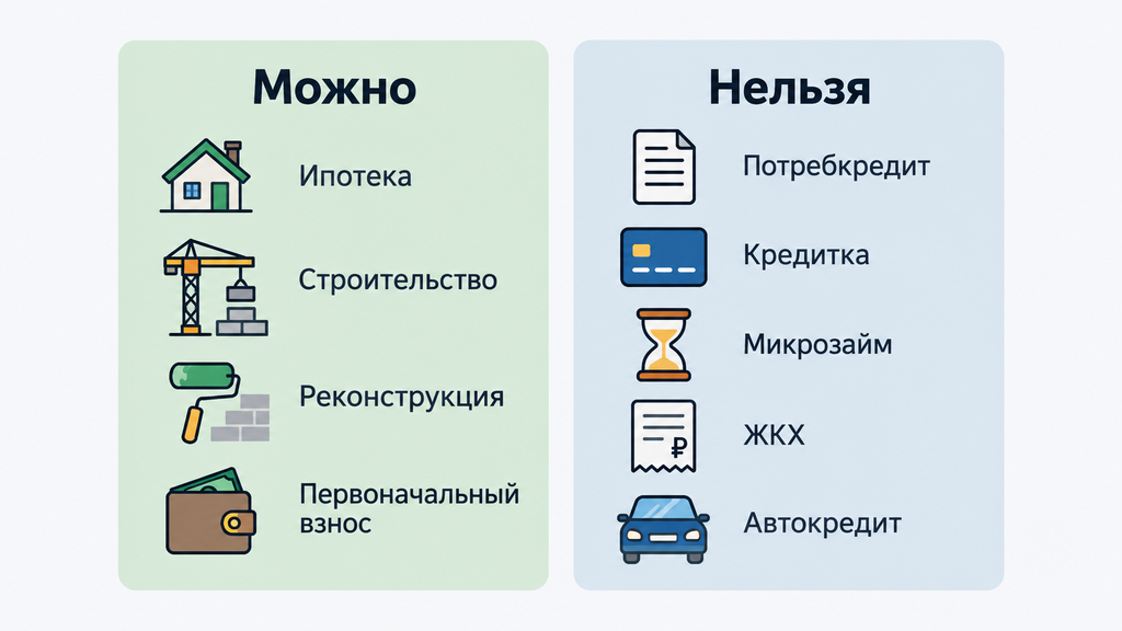 Инфографика: разрешенные и запрещенные для погашения материнским капиталом виды кредитов. Допустимы только жилищные цели