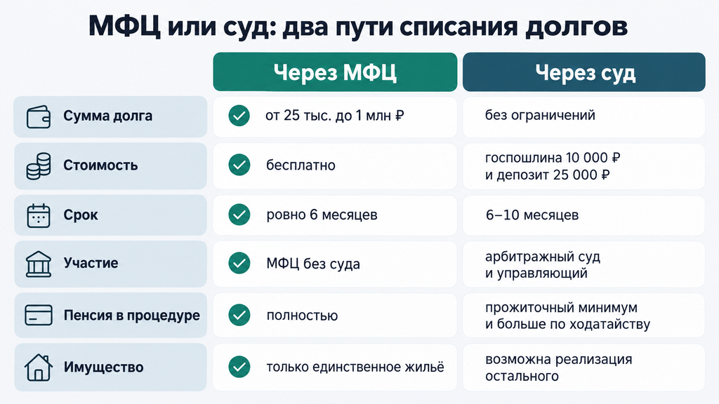 Сравнительная таблица выбора пути списания долгов через МФЦ или суд для пенсионеров
