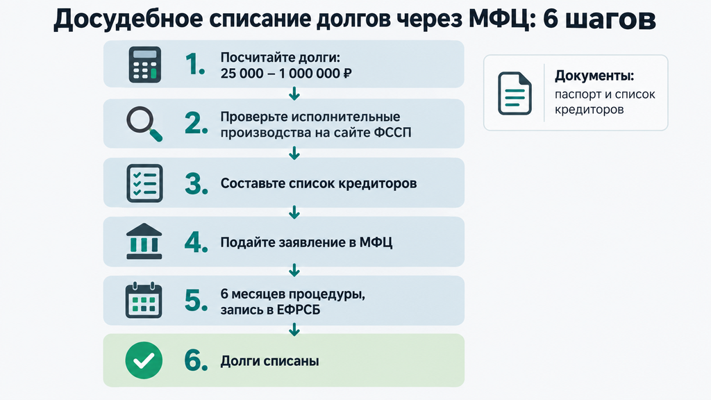 Пошаговая инфографика досудебного списания долгов через МФЦ: шесть пронумерованных карточек от подсчёта задолженностей до финального списания, пиктограммы документов календаря и галочек на светло-сером фоне