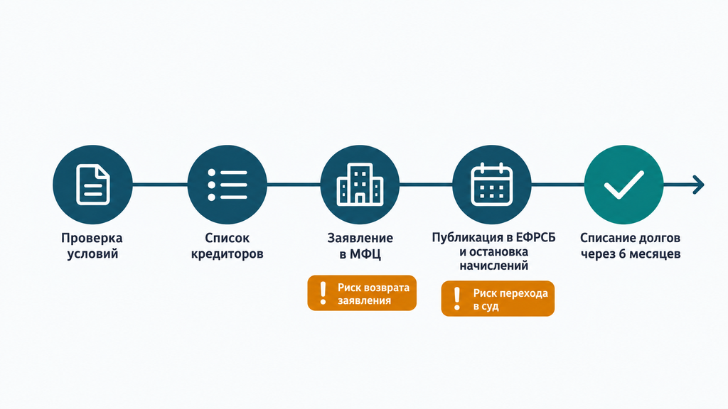 Внесудебное банкротство через МФЦ: схема пяти шагов и точек риска возврата заявления и перехода в суд