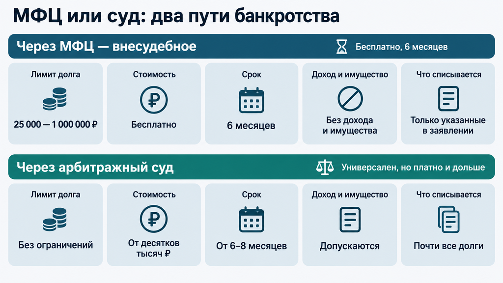 Визуальное сравнение внесудебного банкротства через МФЦ и судебного: два правовых пути списания долгов с ключевыми условиями, сроками и стоимостью