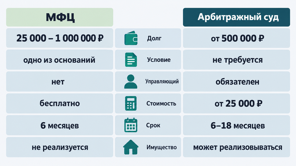 Таблица сравнения внесудебного банкротства через МФЦ и судебной процедуры по ключевым параметрам