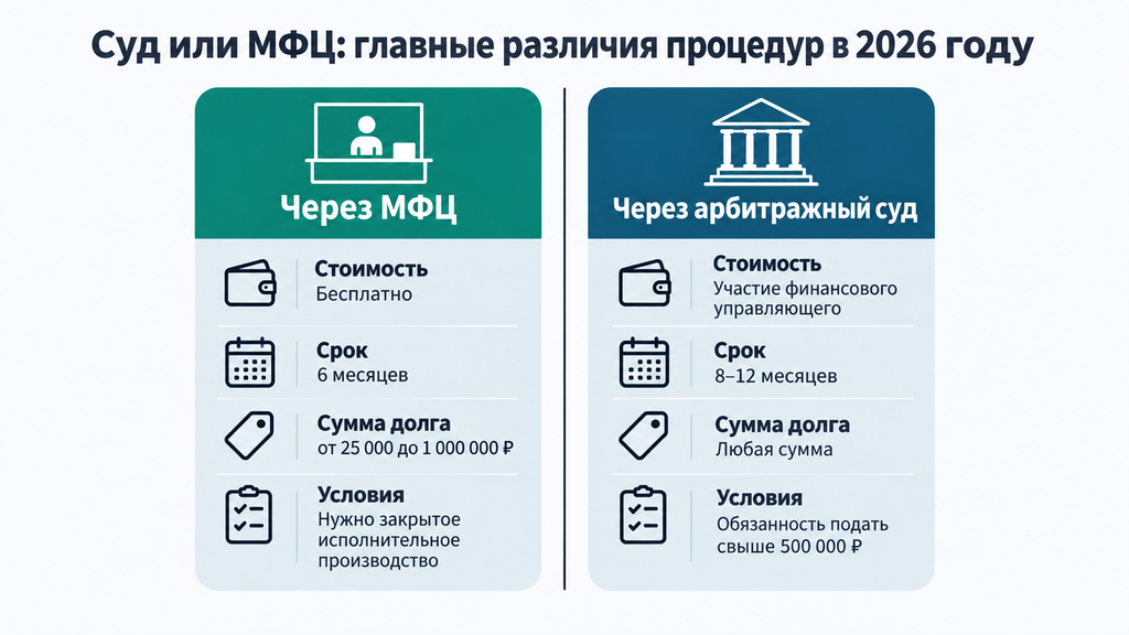 Инфографика: сравнение процедур банкротства через МФЦ и арбитражный суд. Сроки, суммы долгов, условия выбора в 2026 году.