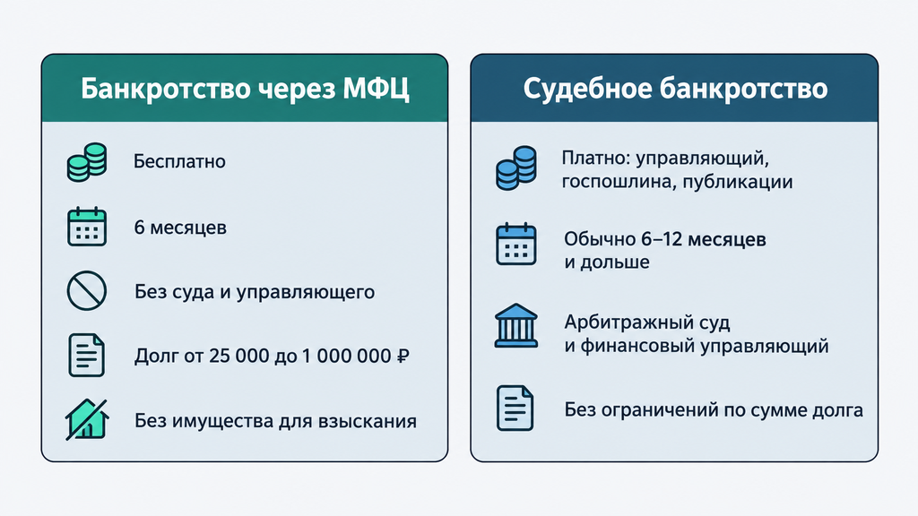 Сравнение условий судебного и внесудебного банкротства на двух информационных карточках