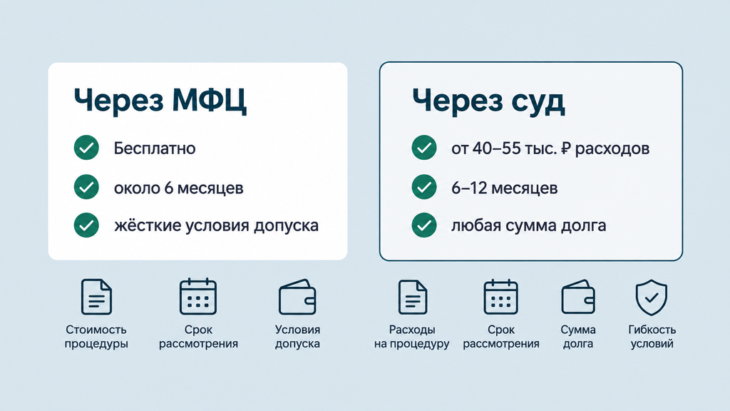 Сравнение банкротства через МФЦ и арбитражный суд по срокам, стоимости и условиям