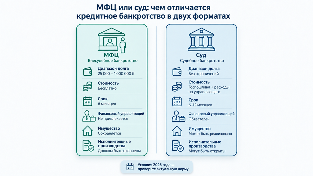 Сравнительная карточка: внесудебное банкротство через МФЦ и судебное банкротство, параметры выбора процедуры