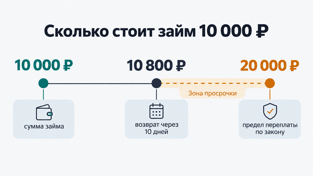 Шкала стоимости микрозайма в 10 000 рублей: возврат вовремя — 10 000 руб., задержка 10 дней — 10 800 руб. и законный максимум переплаты — 20 000 руб.
