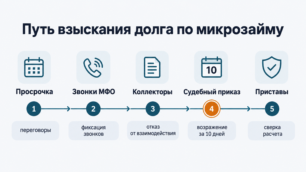 Схема этапов взыскания задолженности по микрозайму с указанием возможностей действий должника