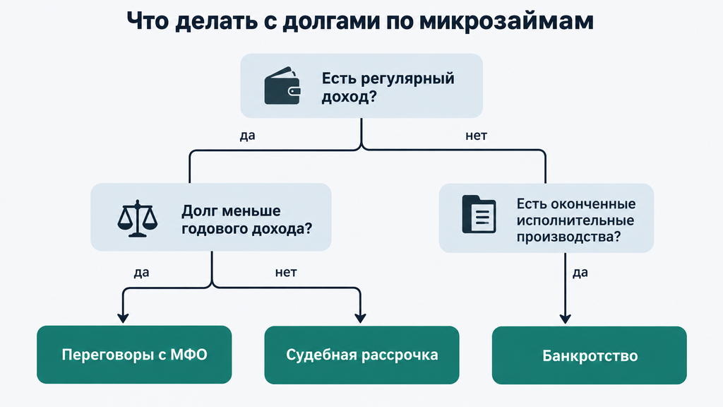 Дерево решений: как выбрать сценарий работы с долгом по микрозайму — переговоры с МФО, судебная рассрочка или банкротство