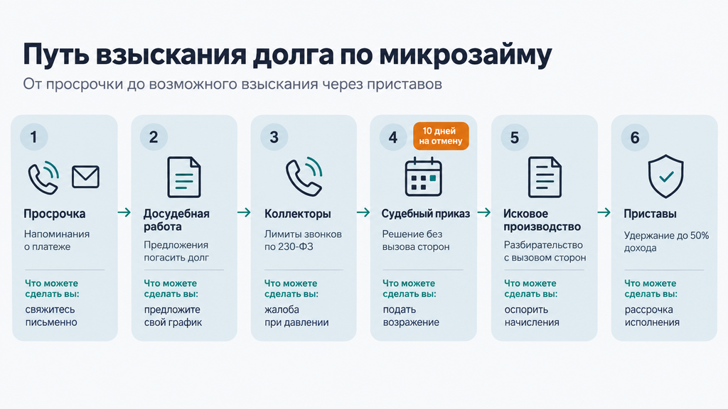 Схема этапов взыскания микрозайма с указанием действий кредитора и законных шагов должника на каждом этапе