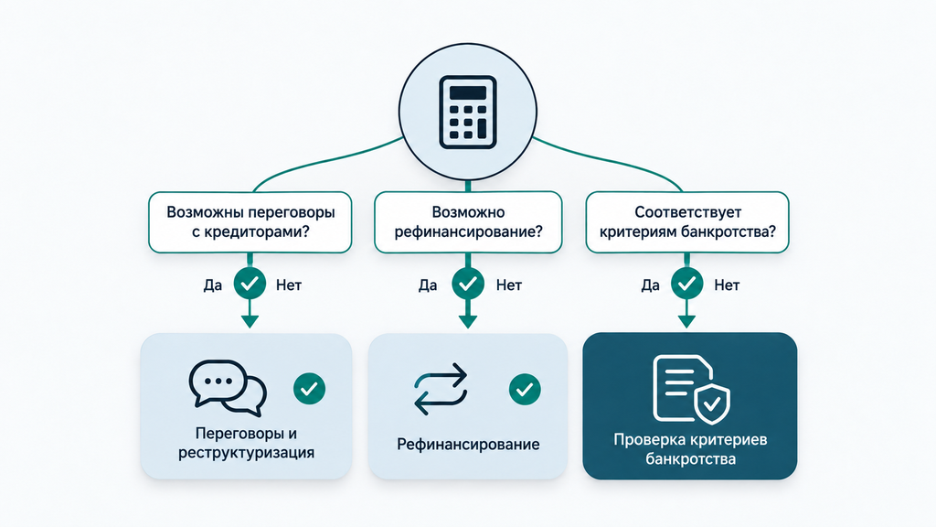 Схема выбора законного пути погашения долга по микрозайму: реструктуризация, рефинансирование или банкротство