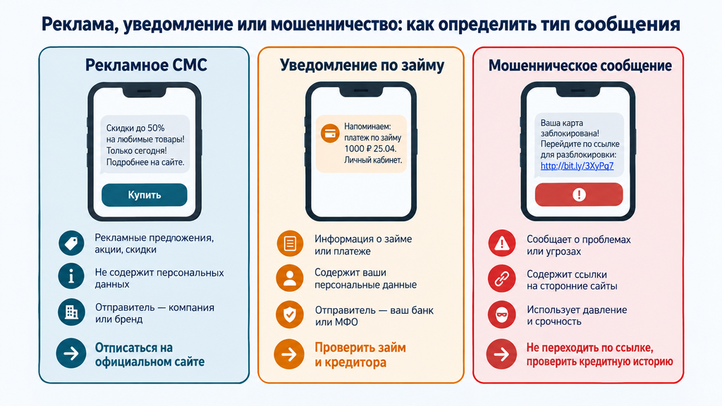 Сравнение рекламного СМС, уведомления о микрозайме и мошеннического сообщения: признаки и правильные действия