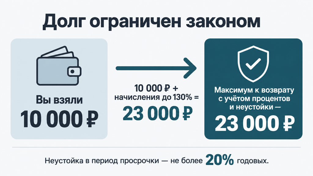Инфографика ограничения роста долга по микрозайму: пример расчёта максимальной суммы с учётом закона о процентах и неустойке