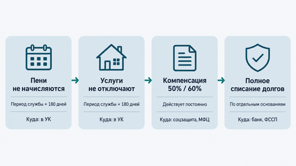 Карта мер поддержки военнослужащих по оплате ЖКХ: от защиты от пеней до полного списания долгов с указанием сроков и порядка обращения.