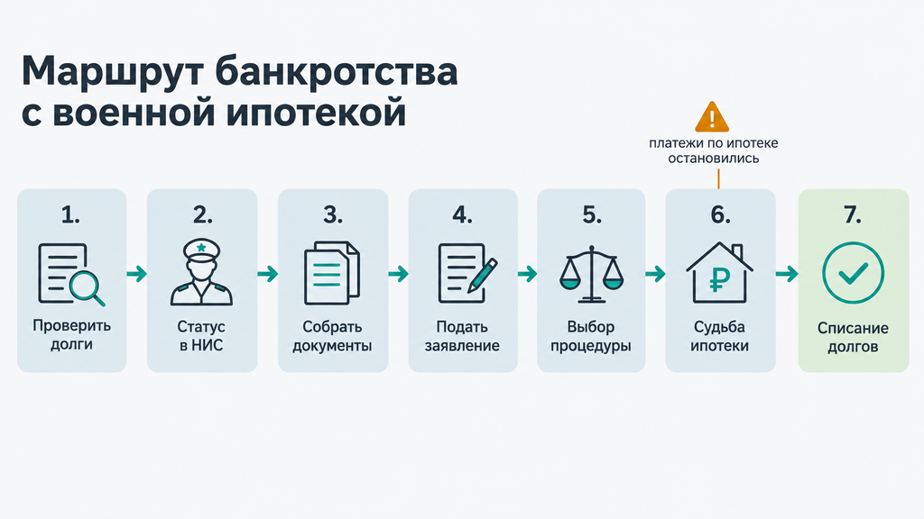 Схема банкротства военнослужащего с военной ипотекой: семь этапов от проверки долгов до решения судьбы жилья