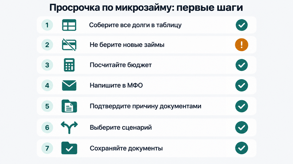 Чек-лист первых шагов при просрочке микрозайма: 7 действий от инвентаризации долгов до обращения в МФО