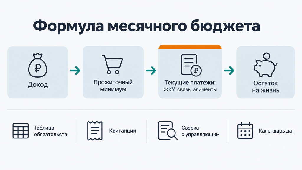 Схема месячного бюджета гражданина в процедуре банкротства: горизонтальный поток расходов от дохода до остатка с мини-чек-листом обязательств