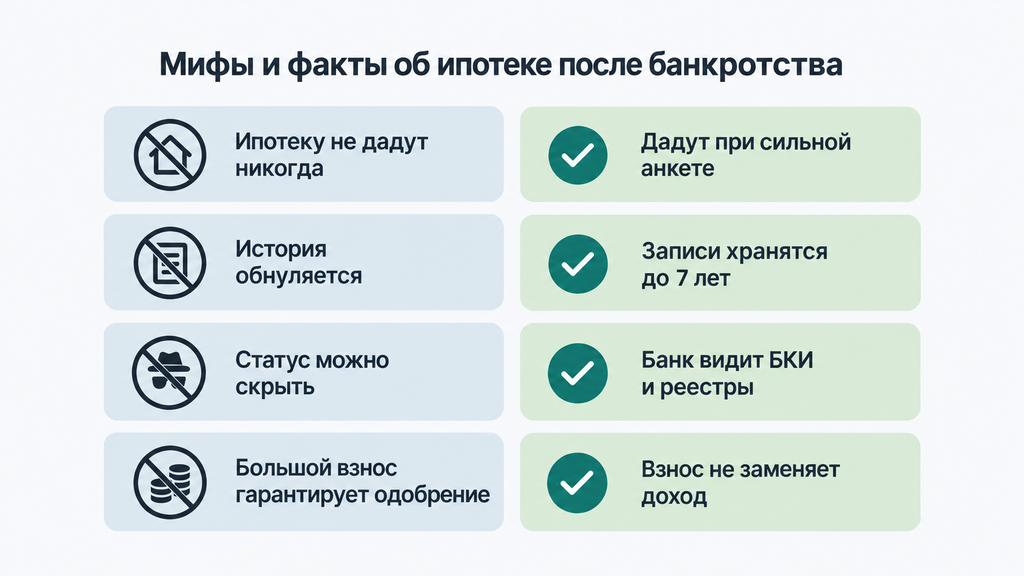 Схема мифов и фактов об ипотеке после банкротства: четыре пары карточек с опровержением заблуждений и проверкой данных