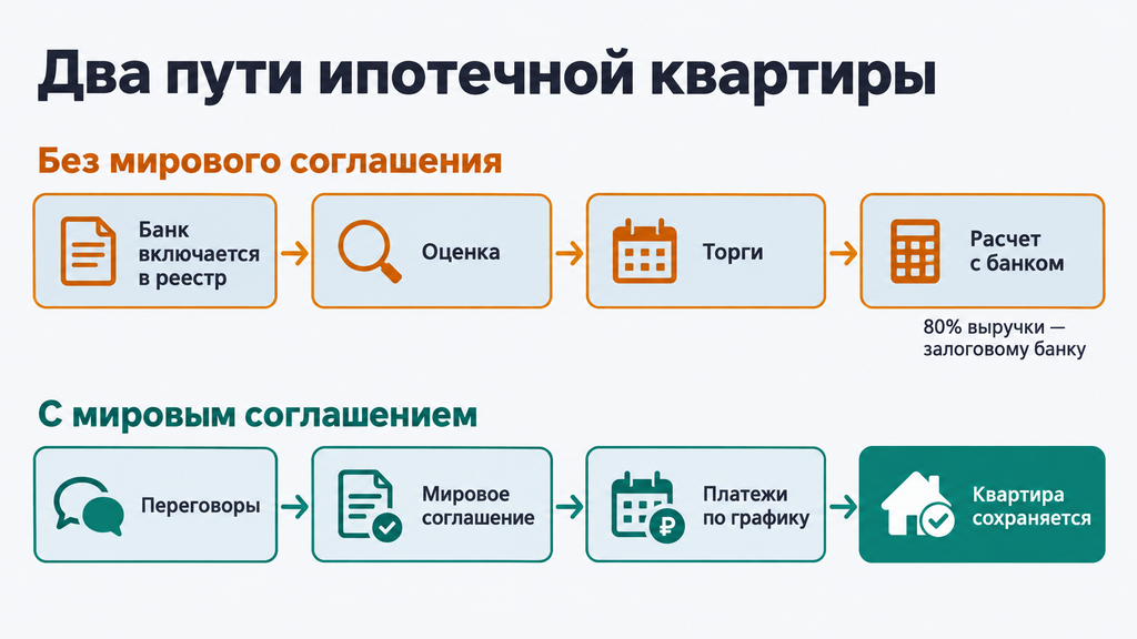 Схема двух сценариев судьбы ипотечной квартиры при банкротстве созаёмщика: сохранение жилья через мировое соглашение с залоговым банком или реализация на торгах при отсутствии соглашения