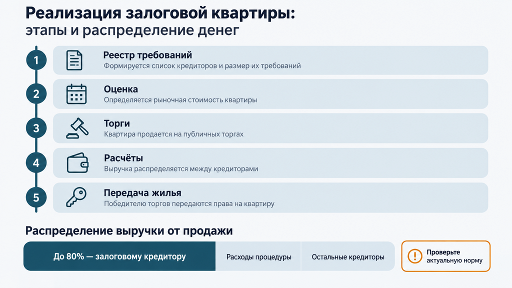 Этапы реализации залоговой квартиры и распределение выручки от торгов