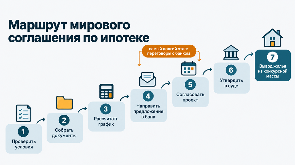 Инфографика маршрута из 7 шагов заключения мирового соглашения с банком по ипотеке при банкротстве: от проверки условий до утверждения судом документа и защиты жилья