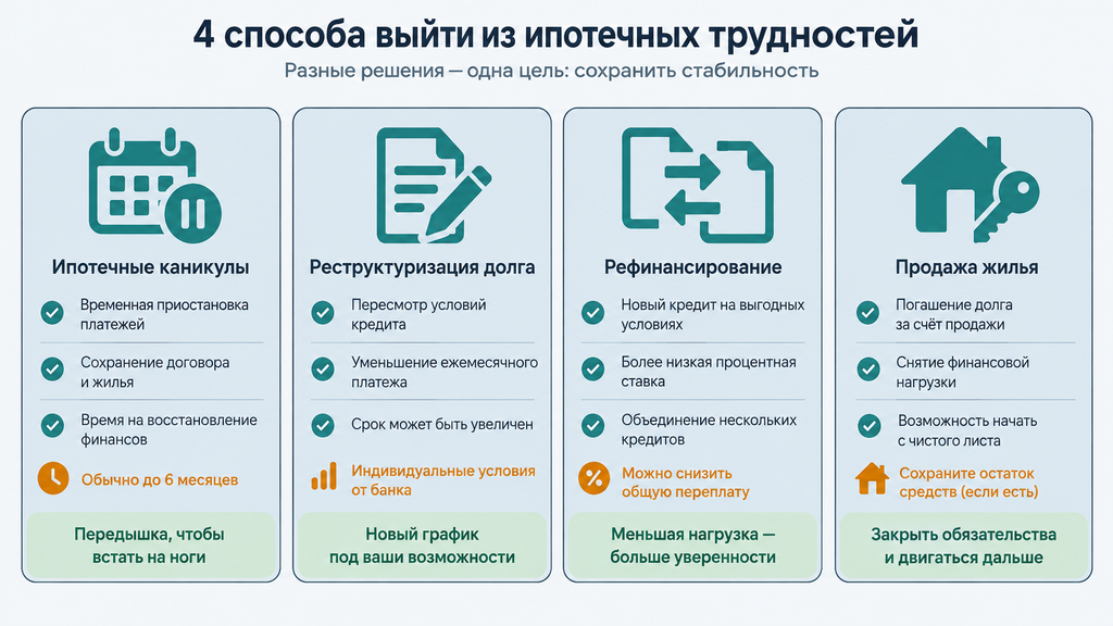 Сравнение вариантов выхода из ипотечного кризиса: кредитные каникулы, реструктуризация, рефинансирование и продажа квартиры с ключевыми условиями и выводами