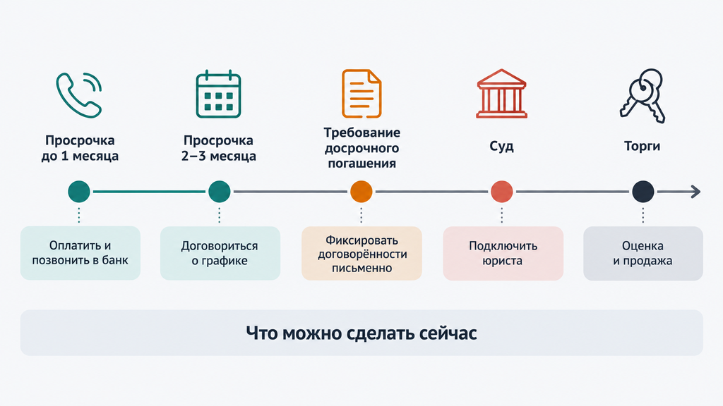 Таймлайн просрочки по ипотеке: схема этапов от первого пропущенного платежа до суда и торгов