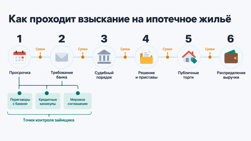 Таймлайн процедуры взыскания ипотеки с этапами, сроками и точками контроля заёмщика для заключения мирового соглашения.