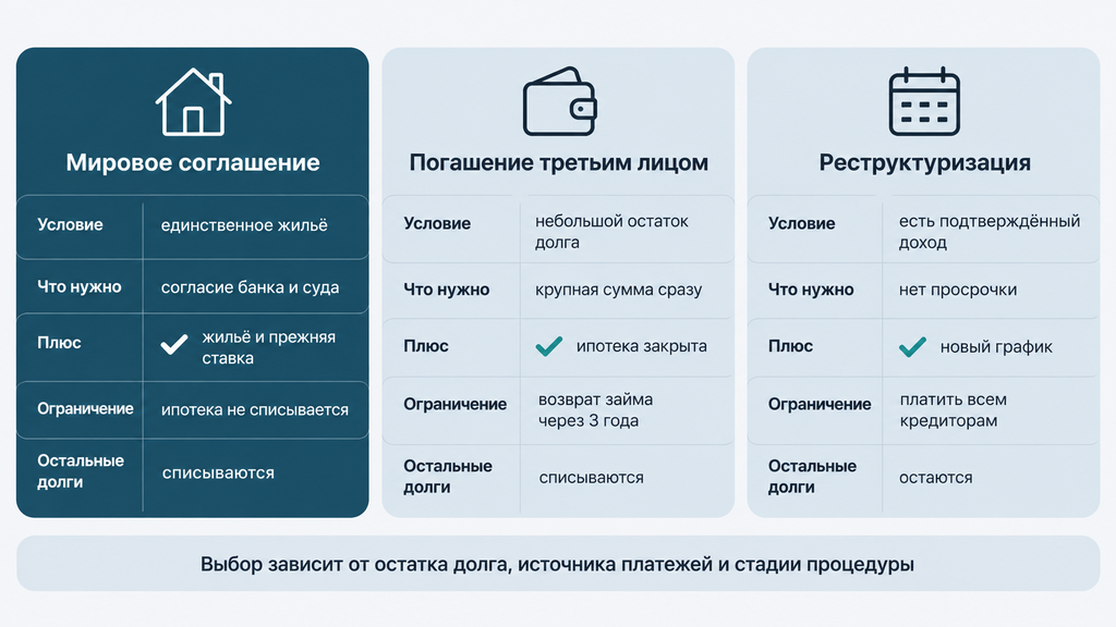 Три пути сохранения ипотечного жилья при банкротстве: мировое соглашение, погашение третьим лицом, реструктуризация