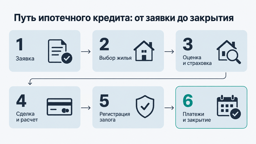 Инфографическая схема процесса получения ипотеки в шесть этапов: от подачи заявки и выбора жилья до регистрации залога, платежей и снятия обременения
