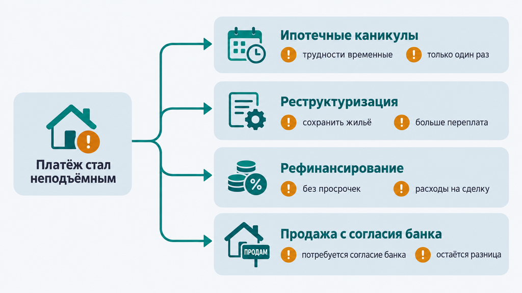 Дерево решений при проблемах с выплатами по ипотеке: варианты каникул, реструктуризации, рефинансирования или продажи