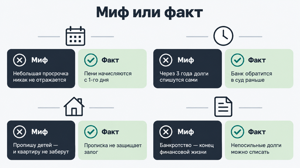 Карточки Миф и Факт об ипотеке и кредитных картах, развеивающие популярные заблуждения о долгах