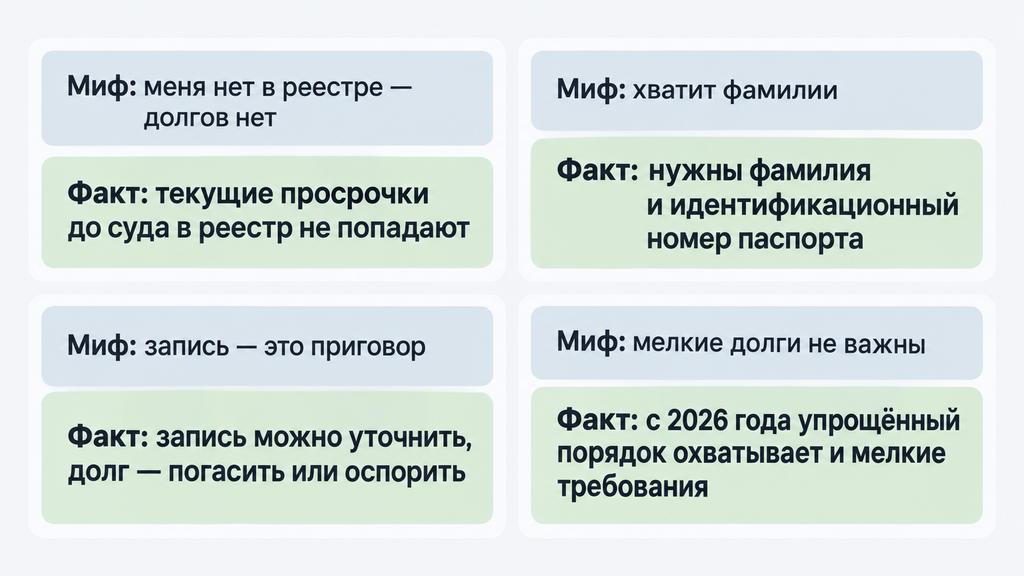 Инфографика «Миф и факт»: четыре карточки с главными заблуждениями о долгах, из-за которых о них узнают слишком поздно. Чёткое визуальное разделение мифа и факта.