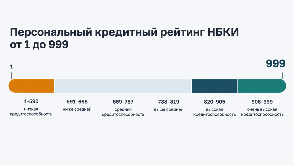 Горизонтальная шкала кредитного рейтинга НБКИ от 1 до 999 с шестью диапазонами кредитоспособности и пояснениями к каждому уровню