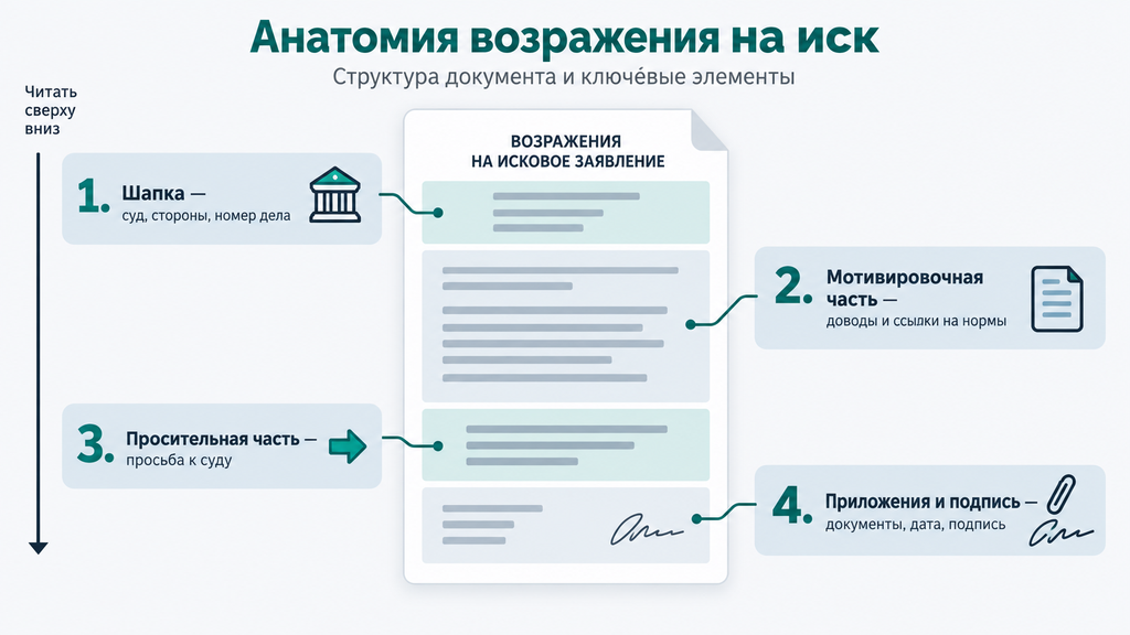 Структура возражения на исковое заявление: четыре смысловые зоны с подписями о том, что писать в каждой части