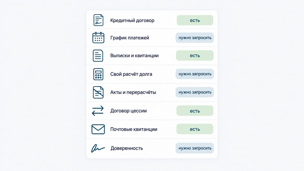 Вертикальный чек-лист документов для возражения на иск с иконками и полями статуса есть или нужно запросить