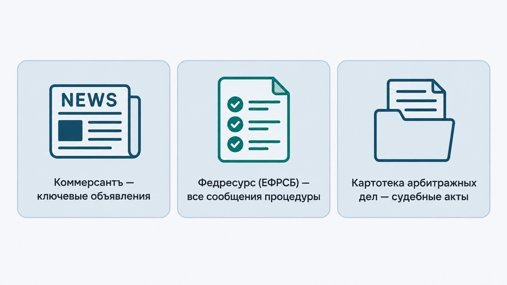 Три официальных источника сведений о банкротстве: Коммерсантъ, Федресурс и картотека арбитражных дел